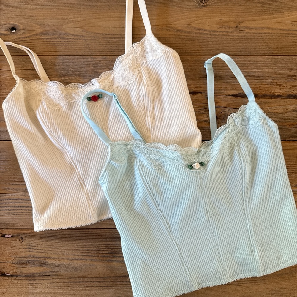 Lace Trim Camisole Set in White and Light Blue